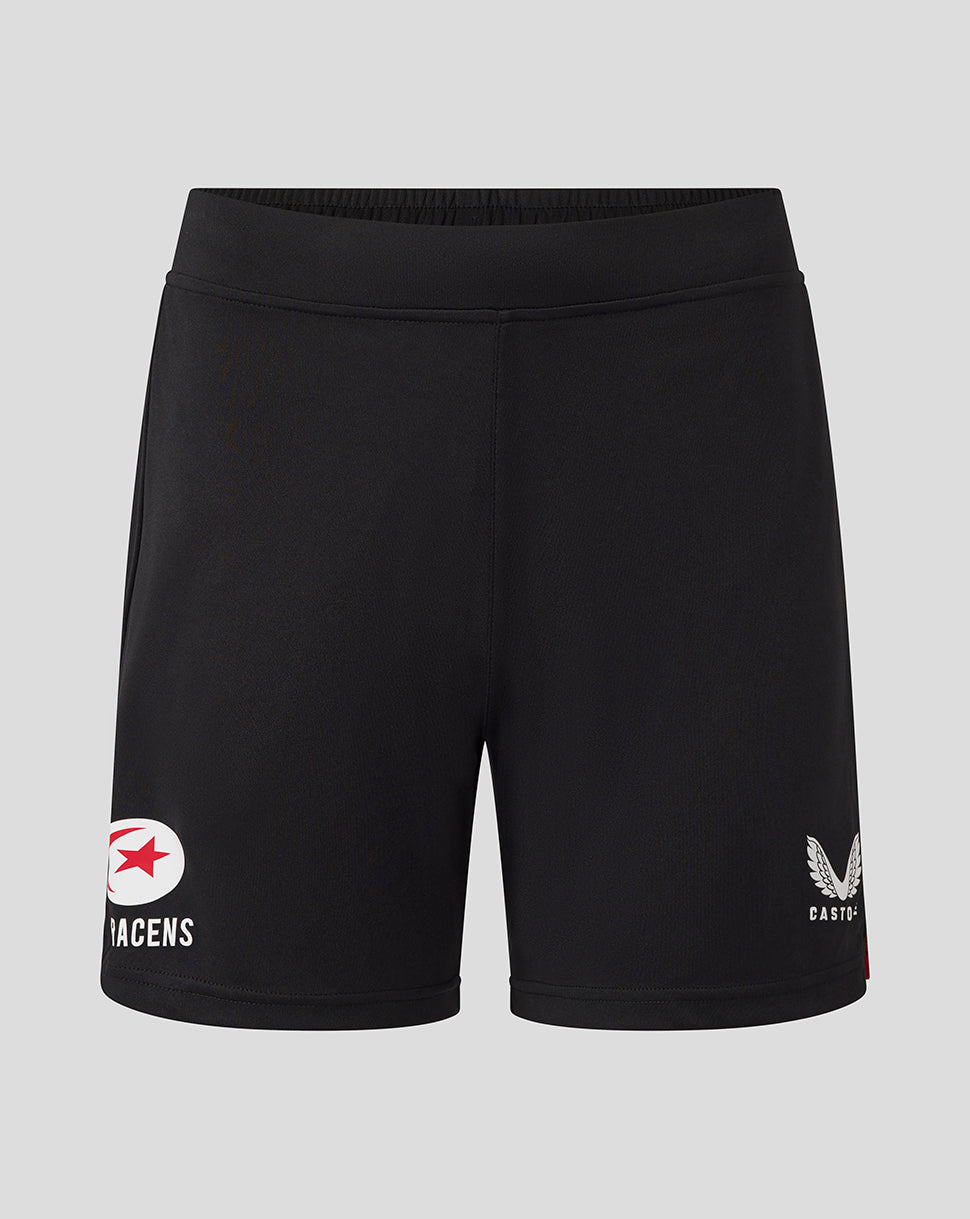 Black Saracens training knit shorts with white Saracens logo on the left leg and Castore emblem on the right leg