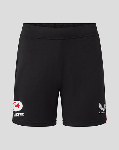 Black Saracens training knit shorts with white Saracens logo on the left leg and Castore emblem on the right leg