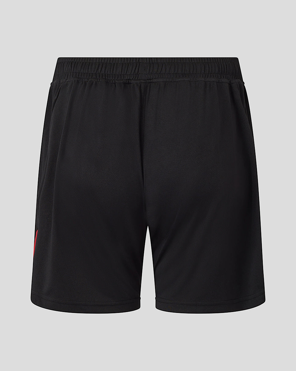 Back view of black Saracens training knit shorts with elastic waistband.