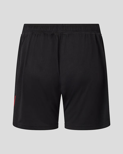 Back view of black Saracens training knit shorts with elastic waistband.