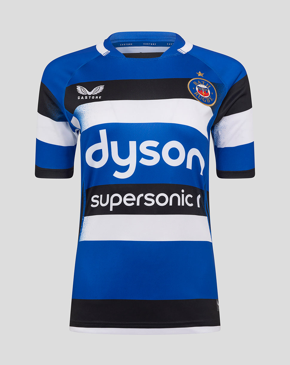 Front view of Bath Women's home replica shirt in blue white black with Dyson and Supersonic logos.