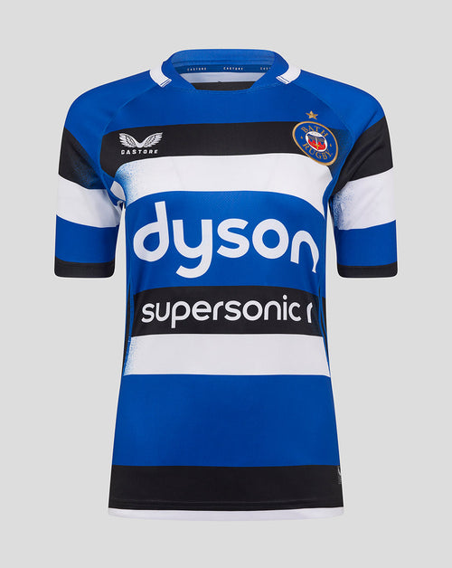 Front view of Bath Women's home replica shirt in blue white black with Dyson and Supersonic logos.