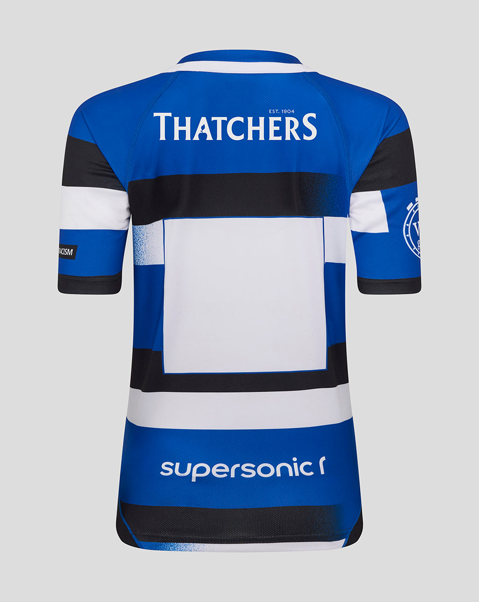 Back view of Bath Rugby home replica shirt with blue white black blocks and Thatchers logo across the upper back