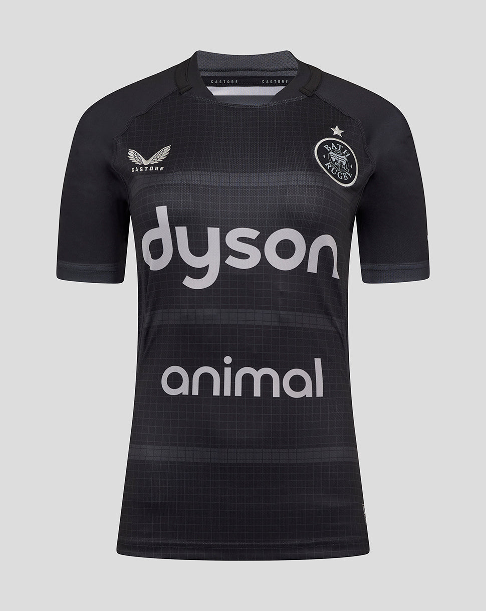 Bath Rugby 25/26 European replica shirt in black with Dyson sponsor across the chest and Bath Rugby crest on the left