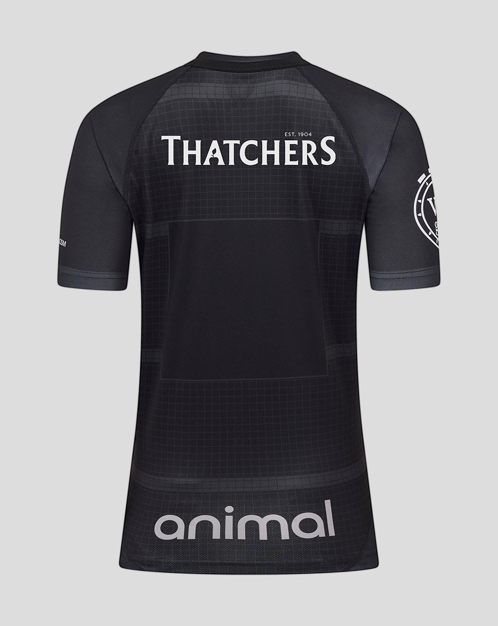 Back view of Bath Rugby European Replica Shirt in black with Thatchers across the upper back and animal at the hem