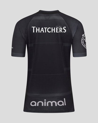 Back view of Bath Rugby European Replica Shirt in black with Thatchers across the upper back and animal at the hem