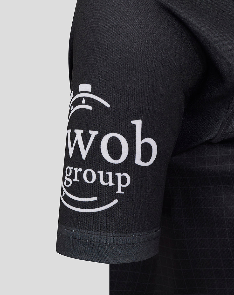 Lower sleeve with wob group logo on Bath Rugby replica shirt.