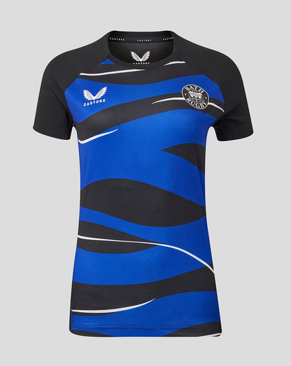 Women's Bath Rugby graphic short sleeve tee with bold blue and black pattern and crest on the chest