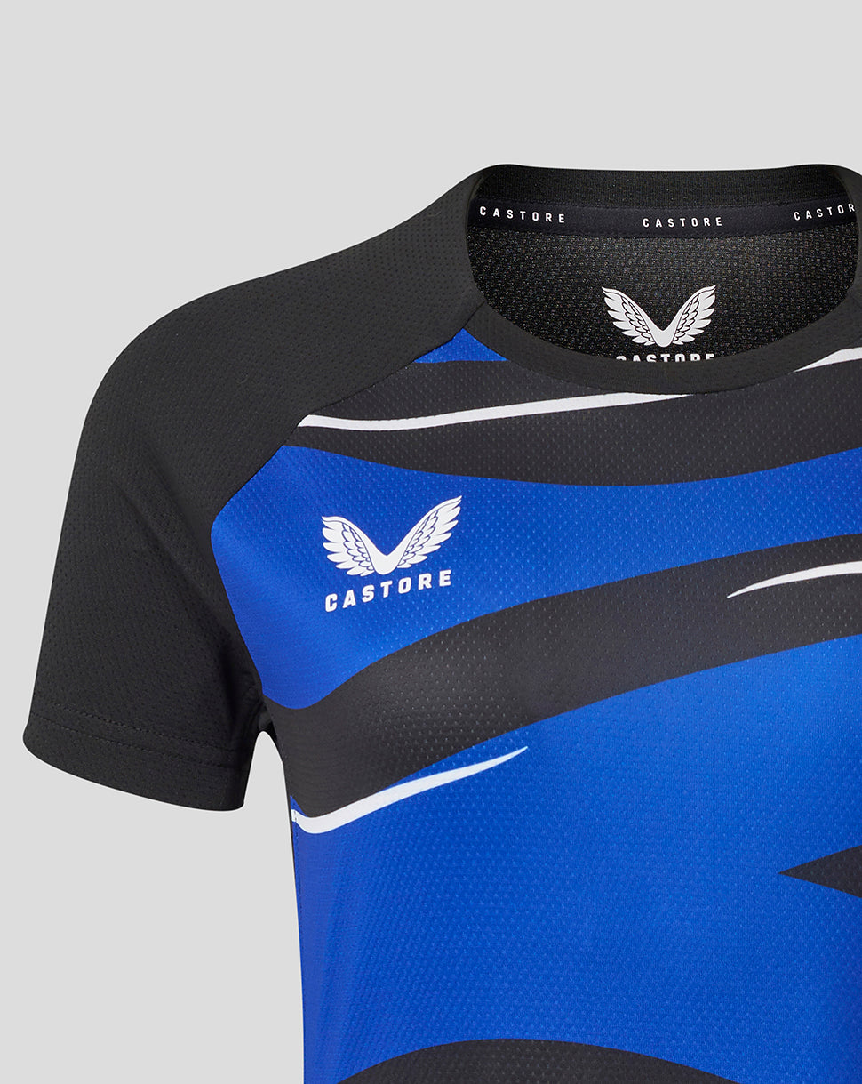 Bath Rugby women's graphic pack short sleeve tee close up showing blue and black panels and Castore branding.