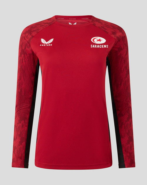 Front view of red Saracens women's training long sleeve tee with white crest and Castore logo