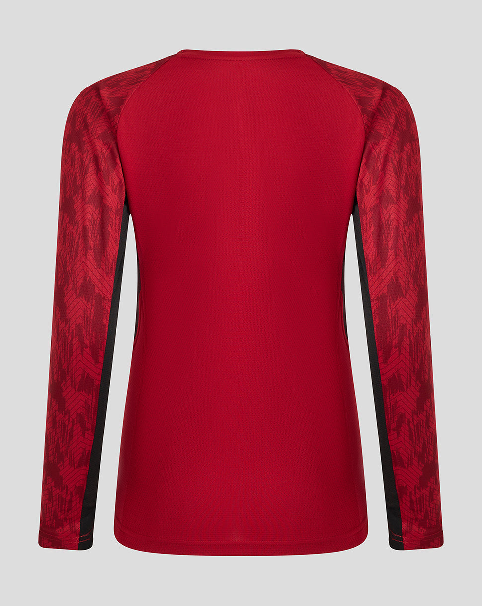 Back view of red Saracens training long sleeve tee with patterned sleeves and clean silhouette
