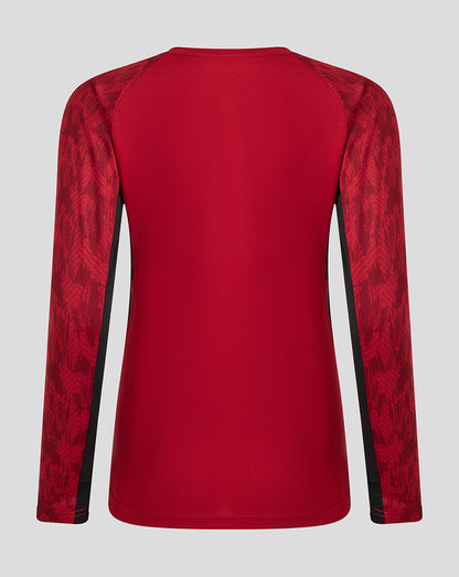 Back view of red Saracens training long sleeve tee with patterned sleeves and clean silhouette