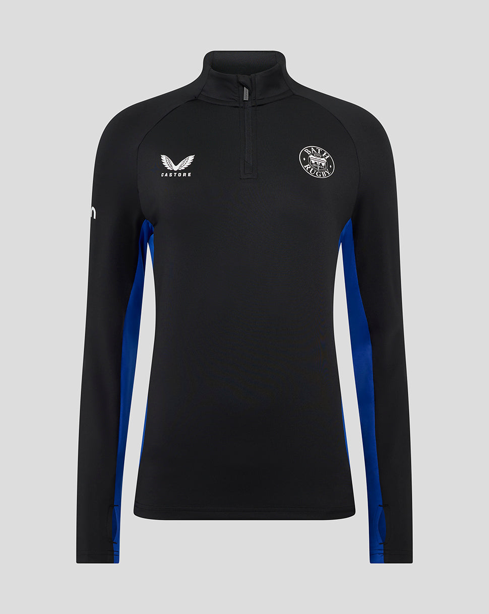 Bath Rugby training midlayer top in black with blue side panels and Bath Rugby crest on the chest