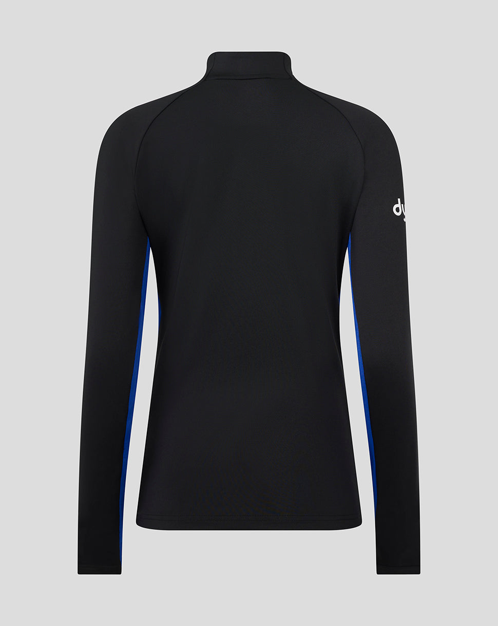 Back view of Bath Rugby women's midlayer in black with blue side panels and a high collar.