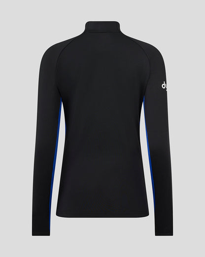 Back view of Bath Rugby women's midlayer in black with blue side panels and a high collar.