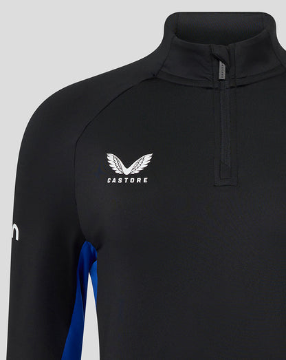 Shoulder and chest close-up of the black Bath Rugby midlayer with a blue side panel and Bath Rugby crest