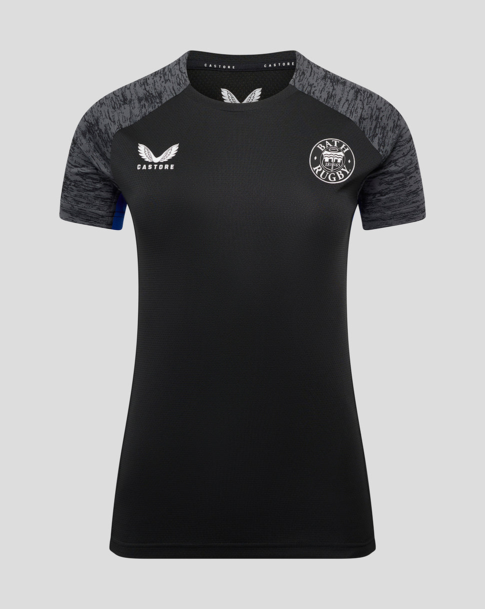Bath Rugby training tee in black with grey patterned sleeves, front view showing Bath Rugby crest on left chest and Castore logo on right