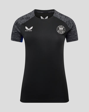 Bath Rugby training tee in black with grey patterned sleeves, front view showing Bath Rugby crest on left chest and Castore logo on right