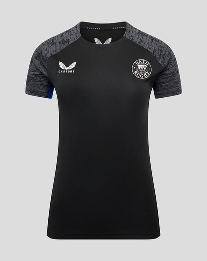 Bath Rugby training tee in black with grey patterned sleeves, front view showing Bath Rugby crest on left chest and Castore logo on right