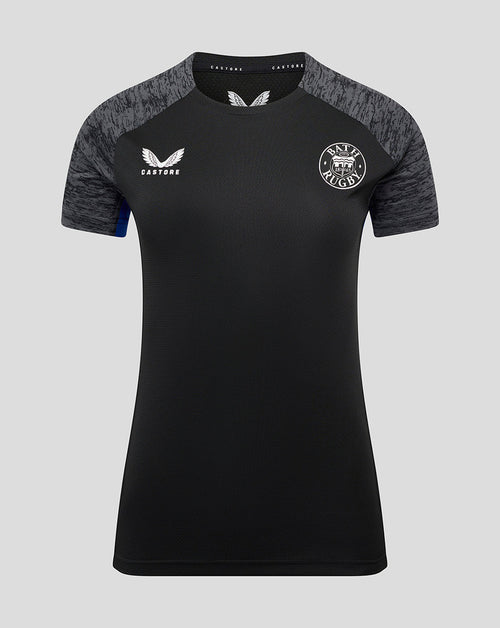 Bath Rugby training tee in black with grey patterned sleeves, front view showing Bath Rugby crest on left chest and Castore logo on right