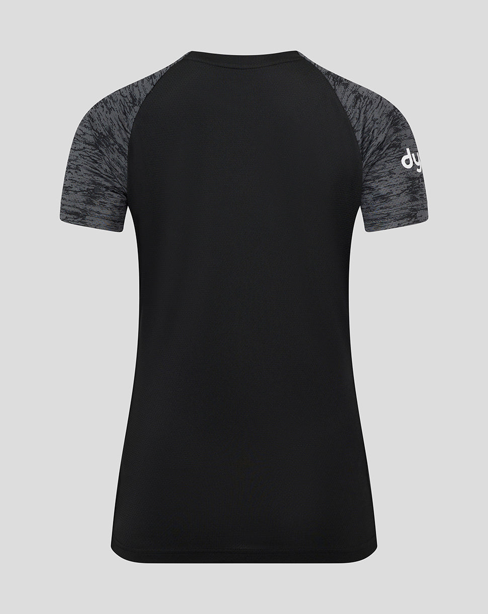 Back view of a black Bath Rugby training tee with gray marled sleeves