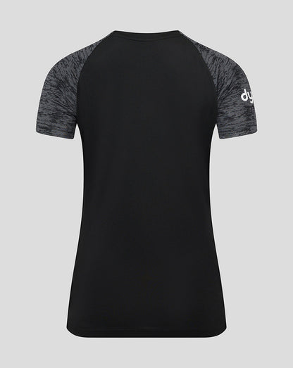 Back view of a black Bath Rugby training tee with gray marled sleeves