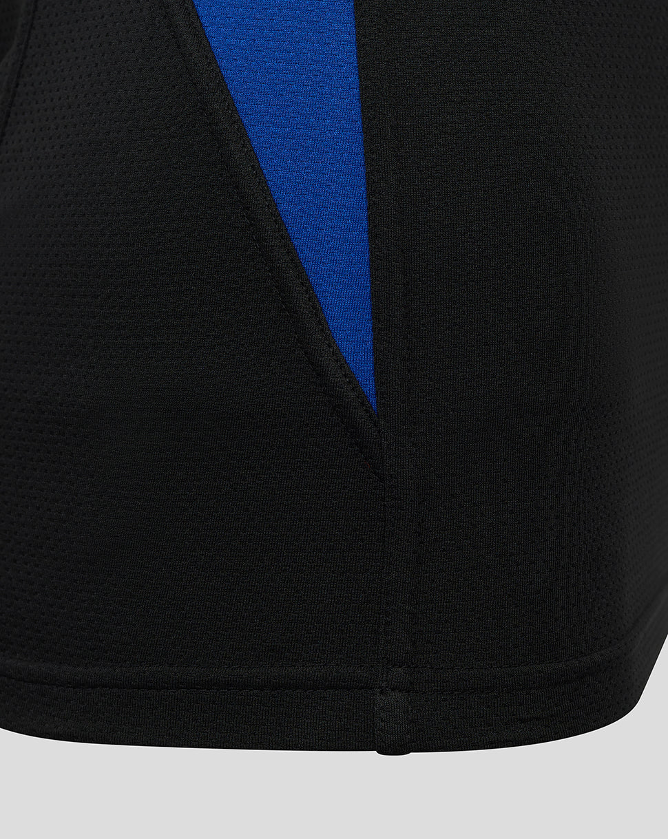 Close-up of black Bath Rugby tee showing a bright blue stripe at the side