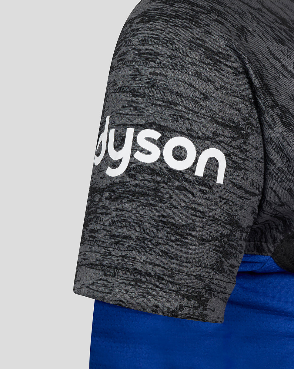 Close-up of a gray marled sleeve on a Bath Rugby training tee with a bold white logo