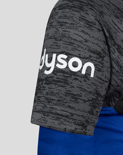 Close-up of a gray marled sleeve on a Bath Rugby training tee with a bold white logo