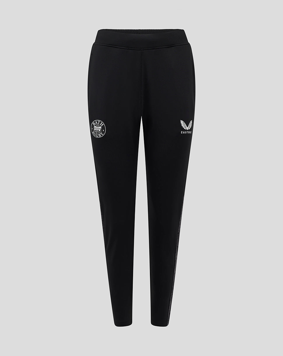 Front view of black Bath Rugby training pants with Bath Rugby emblem on the left leg and Castore logo on the right.