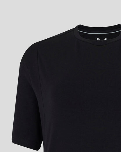 Close-up of the black Bath Rugby T-shirt neckline and shoulder seam