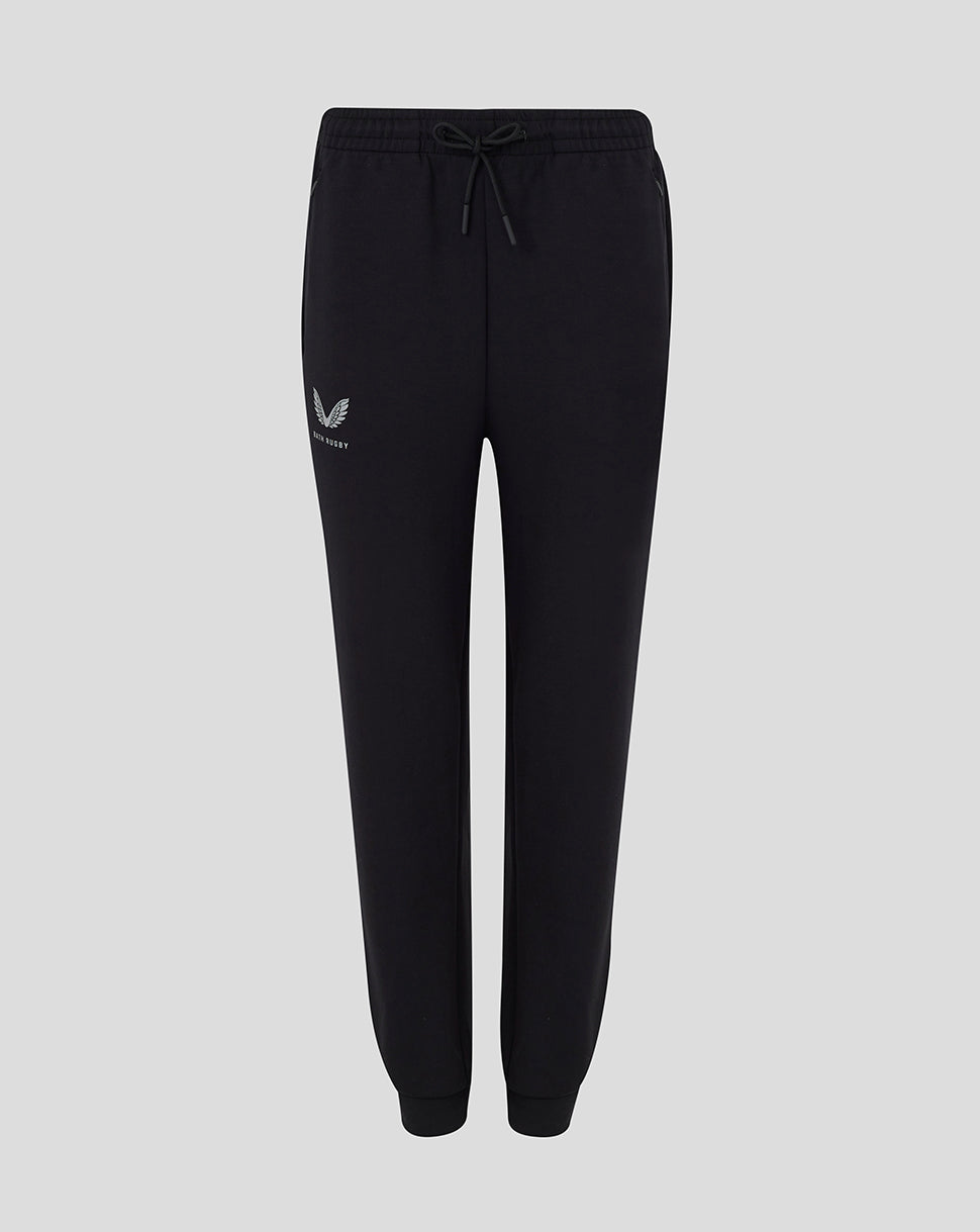 Front view of black Bath Women's 25/26 Travel Knit Pants with drawstring waist and logo on thigh