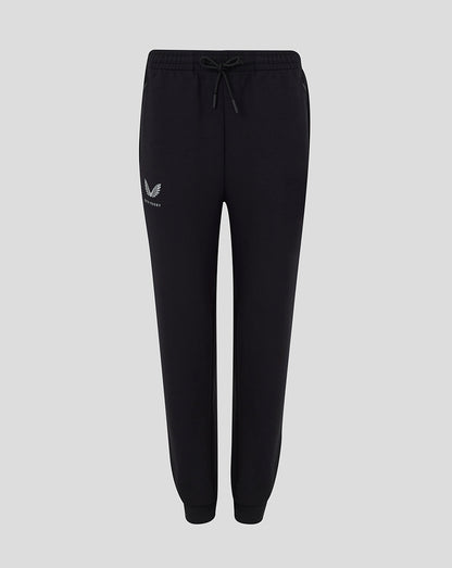 Front view of black Bath Women's 25/26 Travel Knit Pants with drawstring waist and logo on thigh