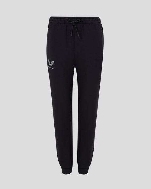 Front view of black Bath Women's 25/26 Travel Knit Pants with drawstring waist and logo on thigh