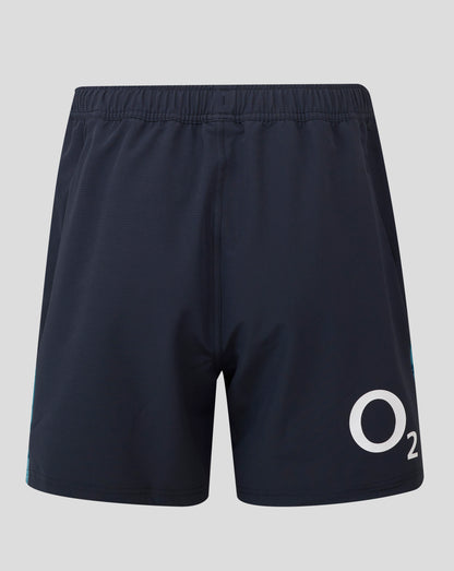 England Rugby women's contact shorts navy with a large white O2 logo on the right leg and a rose motif on the left leg
