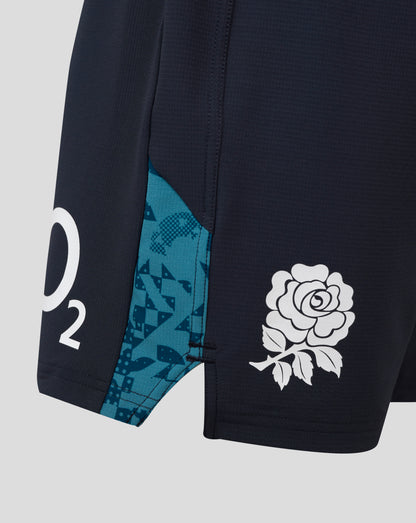 Close-up of England Rugby Women's Contact Shorts navy fabric with teal side panel and white floral emblem.