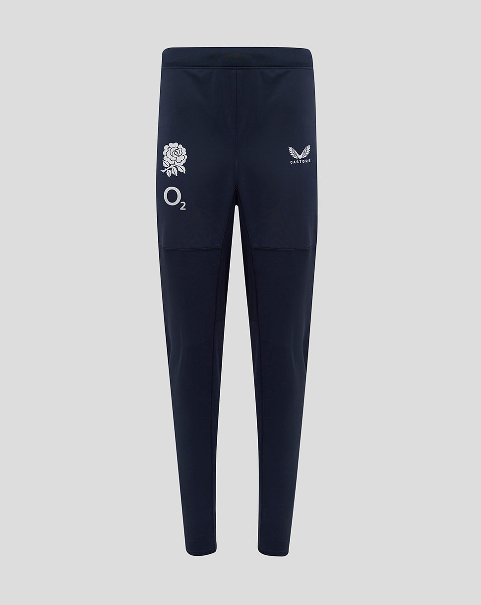 Front view of navy Womens England Rugby drill pants with rose crest and O2 Castore logos.