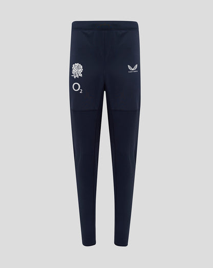 Front view of navy Womens England Rugby drill pants with rose crest and O2 Castore logos.