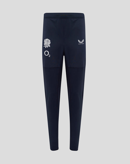 Front view of navy Womens England Rugby drill pants with rose crest and O2 Castore logos.