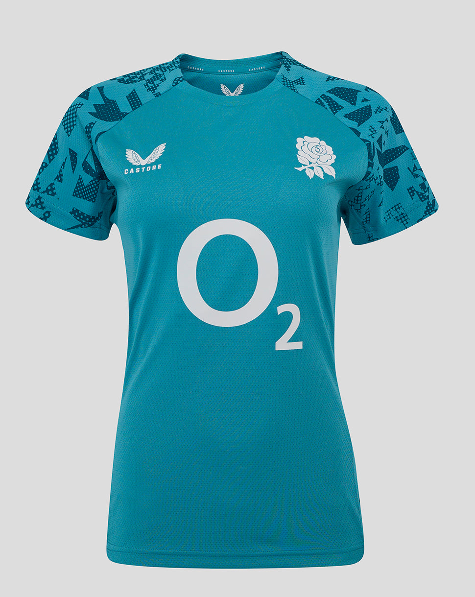 Front view of storm blue England Rugby Women's Performance Short Sleeve T Shirt showing O2 logo and rose crest