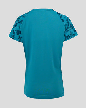 Back view of storm blue England Rugby Women's Performance Short Sleeve T Shirt with patterned sleeves
