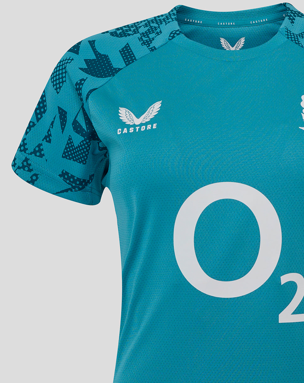 Front view of Storm Blue England Rugby Women’s performance T shirt with Castore logo on left chest and a large O2 logo on the center front