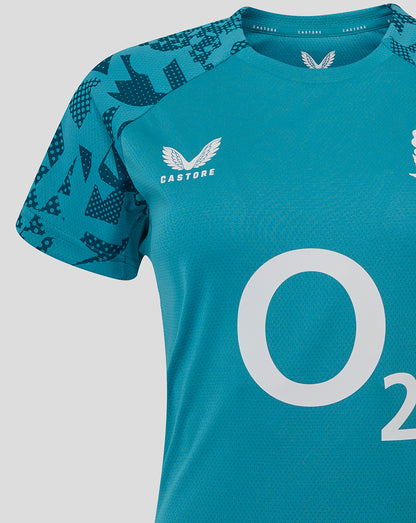Front view of Storm Blue England Rugby Women’s performance T shirt with Castore logo on left chest and a large O2 logo on the center front