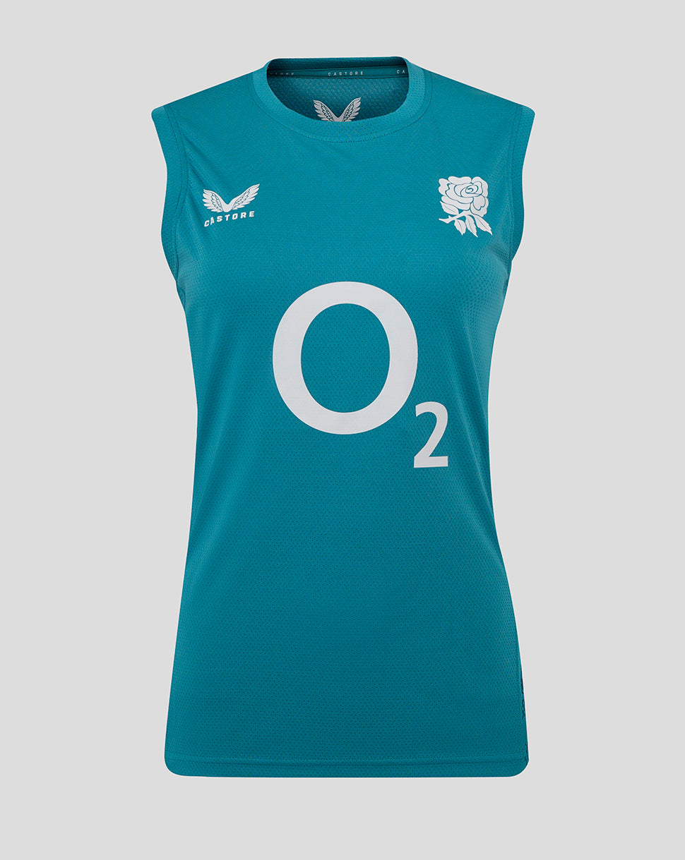 Storm blue sleeveless England Rugby performance top with large O2 logo, rose crest and Castore badge.
