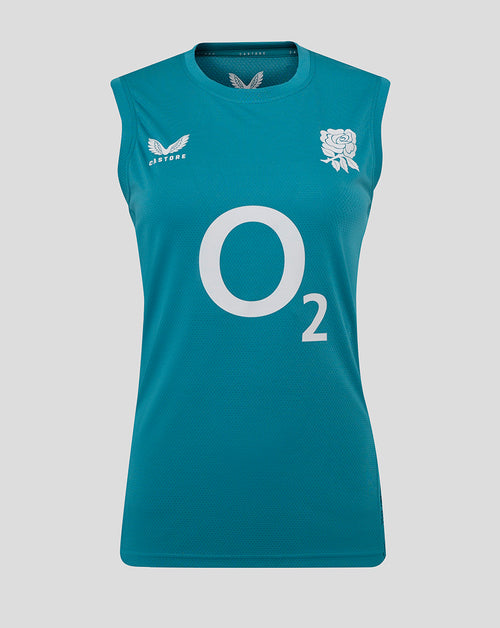 Storm blue sleeveless England Rugby performance top with large O2 logo, rose crest and Castore badge.