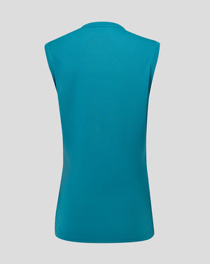 Back view of storm blue England Rugby women’s sleeveless performance T shirt
