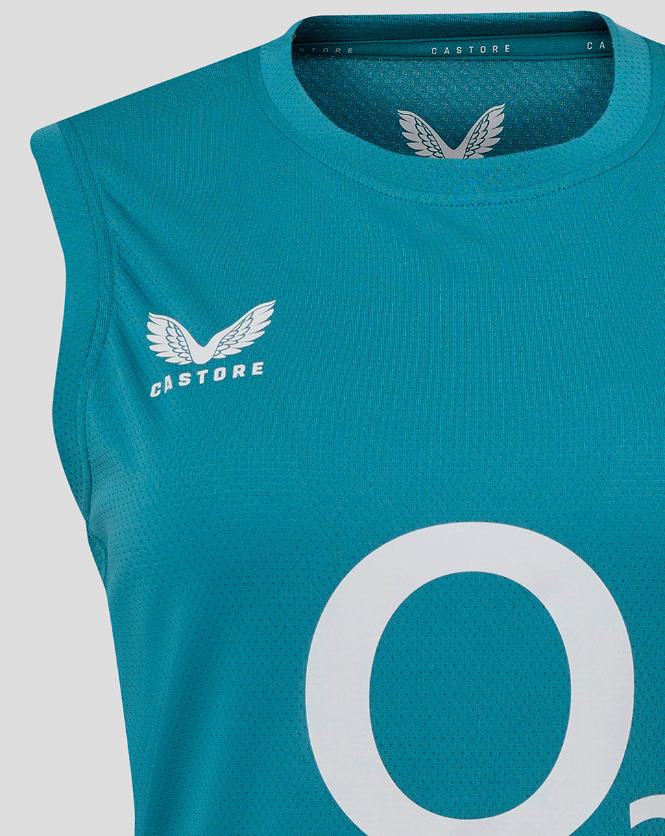 Upper chest close-up of storm blue England Rugby sleeveless top with Castore branding and large O2 graphic