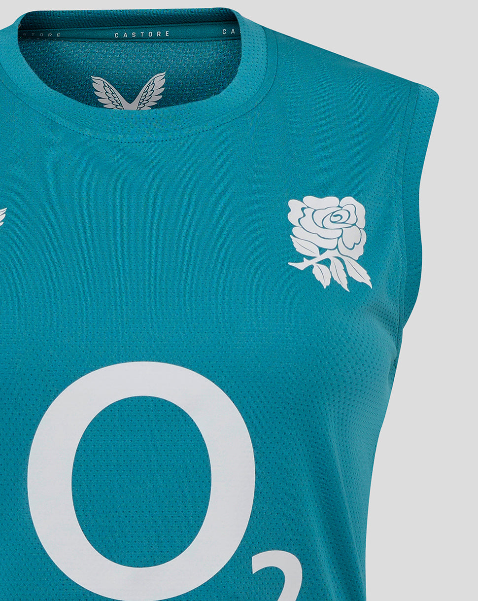 Front close-up of storm blue England Rugby sleeveless top with large center O2 logo and rose crest on left chest