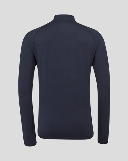 Back view of navy Inkwell performance midlayer top with funnel neck