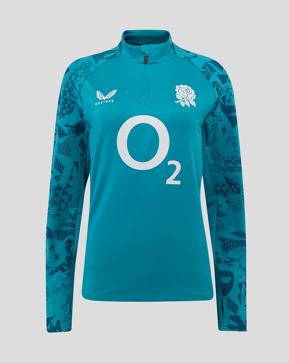 Women's England Rugby long sleeve midlayer top in storm blue with a funnel neckline, quarter-zip front, and abstract print on sleeves and side panels. Features the rose crest on the left chest and the O2 logo on the center body.